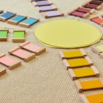 A table with many colored blocks and a yellow plate