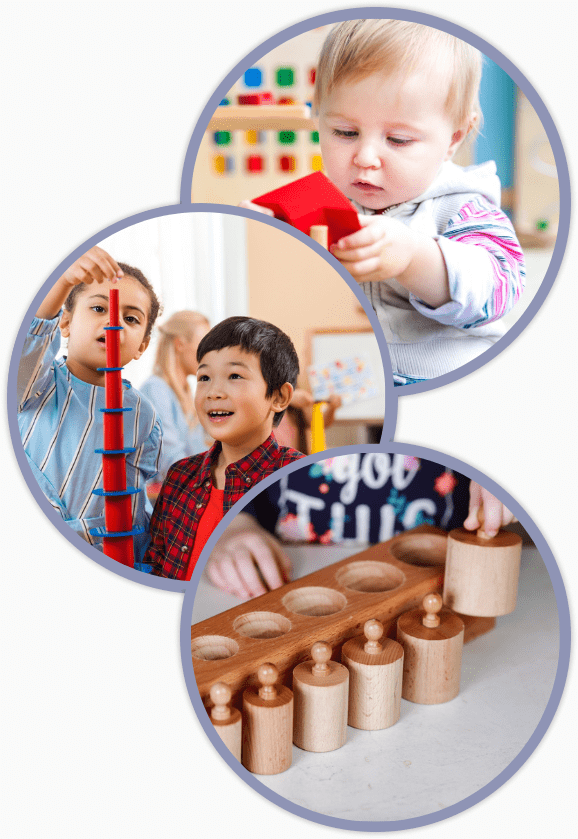 A collage of children playing with wooden toys.
